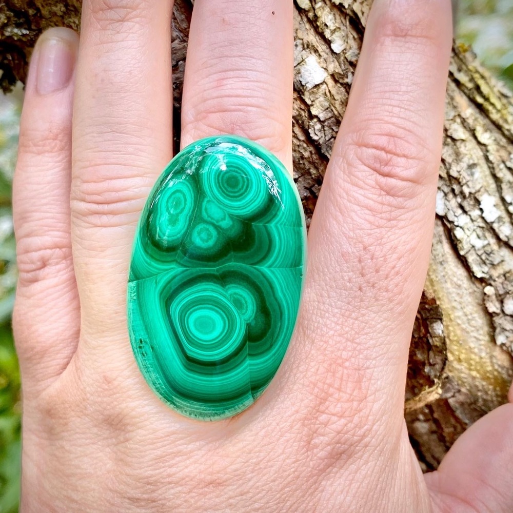 Genuine Malachite Cabochon On Adjustable Ring Base